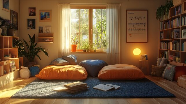 A cozy living room with a Braille book and a tactile learning tool