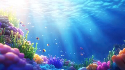 Fototapeta premium Underwater Coral Reef Paradise: Vibrant coral reef teeming with colorful fish, bathed in sunlight streaming from above. A serene and captivating underwater scene. 