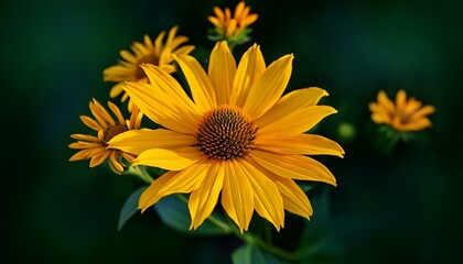 Yellow sunflower like heliopsis flowers on dark green background, low key, wide banner size