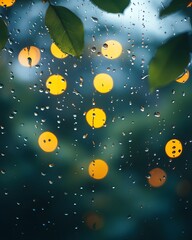 Fototapeta premium An ASMR-style image of raindrops on a windowpane, softly focused with dim lighting for a calming feel. Perfect for minimalist backgrounds, relaxation ads, ASMR, or mental health content.