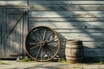 Obraz premium Rustic Charm: Wooden Wheel, Barrel, and Weathered Barn