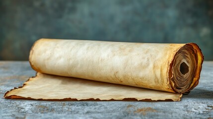 Aged parchment scroll unfurling on rustic table, textured background, historical concept
