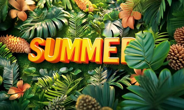 Vibrant summer tropical theme with bold colors and lush greenery for a joyful atmosphere