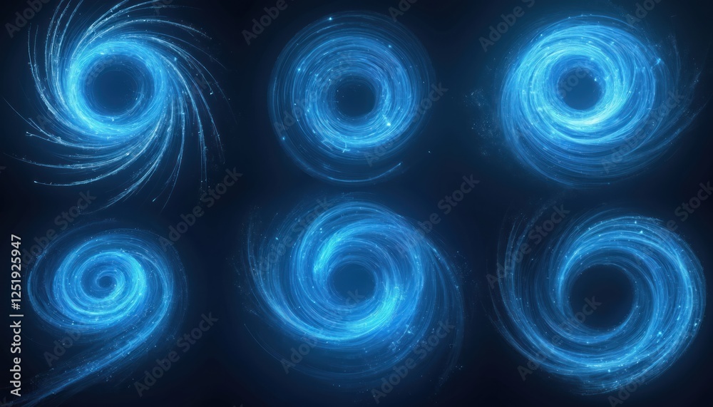 Poster illustration of abstract blue swirls with tornado wind effect on dark background. modern magic air v