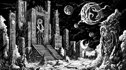 Supernatural beings designing an ancient temple, mystical symbols and eerie carvings, otherworldly and enchanting setting. Eldritch Temples. Illustration