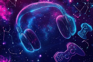 Headphones and game controllers float in a cosmic universe