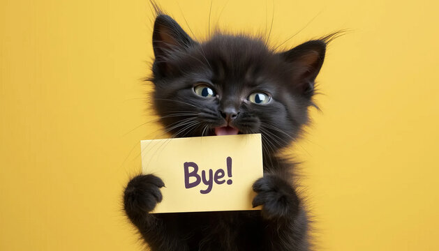 " Bye " text on card. Lovely black kitten making message stand out. Cute animal, vibrant expression. Yellow minimalistic background.