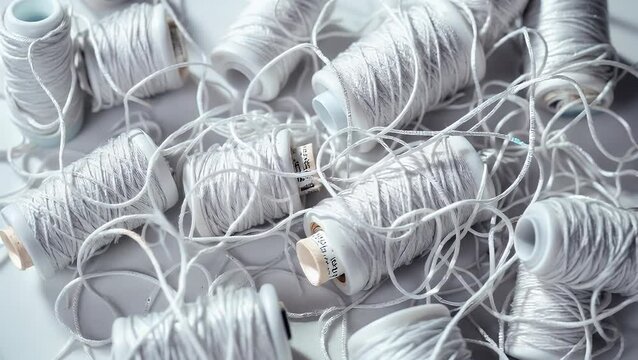 Spools of White String Piled Together in Creative Arrangement Still Life