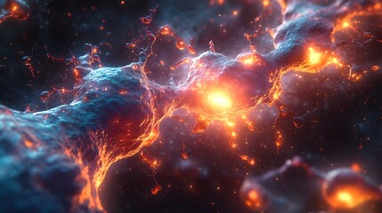 Fototapeta premium Cosmic cellular visualization with glowing cell membranes appearing in striking contrast against a dark void