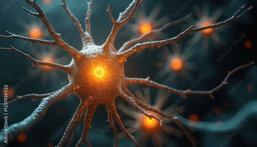 Poster Illustration of nerve cells sending electrical signals in brain for neural activities. Neuron cell anatomy close up view. Concept of neuroscience, neurology, mind power, human intelligence, memory,