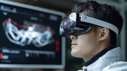 A computer science engineer wearing a virtual reality headset operates a robot arm using controllers, with augmented reality VFX icons illustrating cutting-edge technological concepts