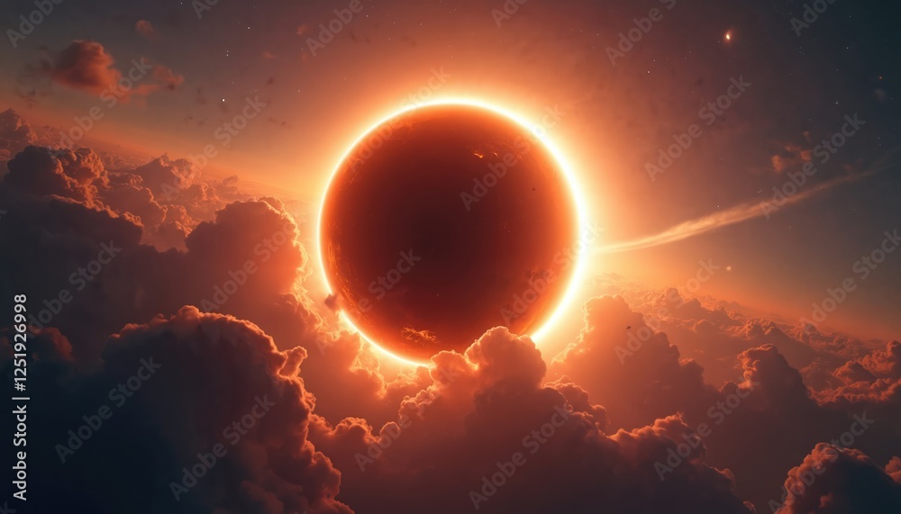 Poster ai generated total solar eclipse viewed from space amid orange clouds. sun sphere surrounded by glow