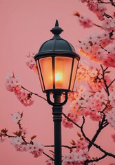 Naklejka premium Beautiful lantern surrounded by cherry blossoms during sunset in a serene urban setting