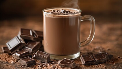 Hot chocolate with chocolate pieces served in a glass mug on a rustic wooden table