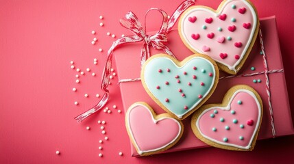 Fototapeta premium Heart Shaped Cookies with Icing and Sprinkles on Pink Background