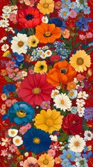 Bright floral arrangement with a variety of blooms on a vivid red background