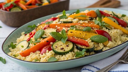 Hearty Easter couscous salad with roasted vegetables featuring vibrant peppers and fresh mint for a festive celebration
