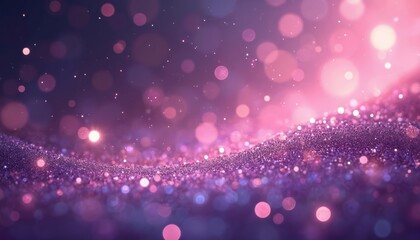 Glitter light purple festive background with glowing bokeh lights, shimmering surface. Sparkling abstract, shiny purple wallpaper. Glamorous, radiant, dreamy, reflective, twinkling celebration party