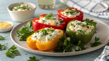 Roasted stuffed peppers filled with cottage cheese and garnished with fresh herbs sit on a plate ready for a healthy meal