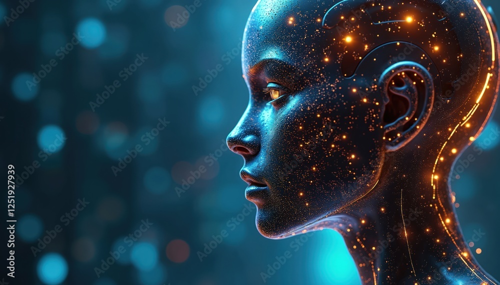 Poster Cybernetic face represents AI tech with network of glowing nodes, connections. Futuristic digital abstract concept of virtual intelligence, machine learning, contemporary interface. Conceptual cyber
