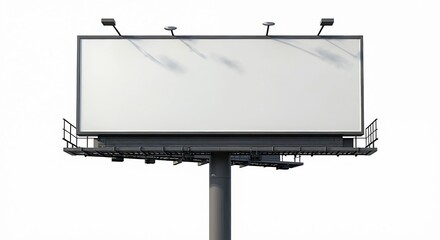 Obraz premium Isolated empty billboard against white sky. Blank canvas template, front view. Mockup design for marketing, advertising, social media content, commercial campaign. Urban bill board with space for