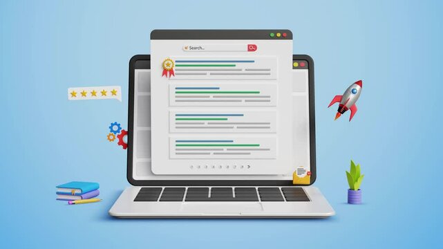 Top ranking with SEO, search engine optimization concept. Top search position, promote website, optimize web with SEO, keywords ranking, organic traffic. Web ranking page on laptop. 4K 3D animation