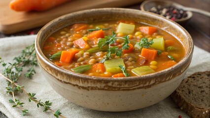 Vibrant lentil soup with fresh carrots and celery served in a rustic bowl on a wooden table during a cozy meal