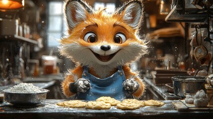 A Playful Fox Baking Delicious Cookies in a Cozy Kitchen
