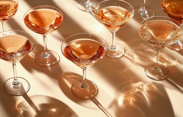 Elegant cocktails arranged beautifully on a table at a party during sunset hours