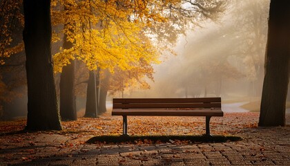 Empty bench in autumn city park, gloomy autumn morning landscape