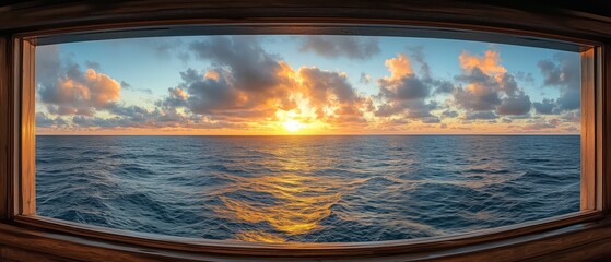 Panoramic view of sunset over the ocean from a cabin window on a calm evening