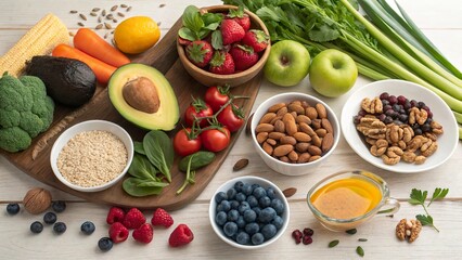 Variety of fresh vegetables and fruits arranged on a wooden board highlighting clean eating and whole foods