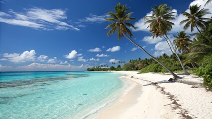 Tropical paradise, pristine white sand beach, crystal clear turquoise water, swaying palm trees, sunny blue sky, fluffy white clouds, tranquil lagoon, lush green vegetation