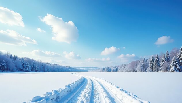 Peaceful winter landscape under a vast blue sky, snow, calm