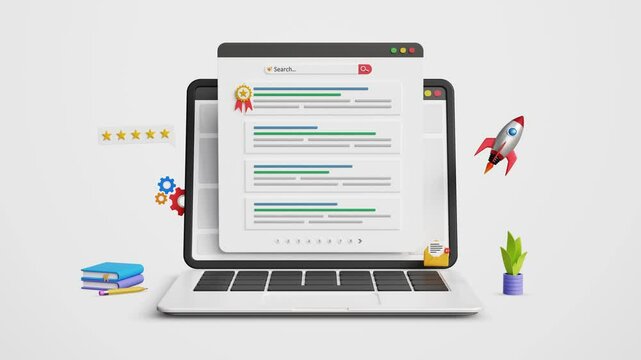 Search Engine Optimization, SEO Strategy. Achieve Top Google ranking, effective keywords, backlinks, digital marketing for business growth. Web ranking page on laptop screen. 4K 3D animation
