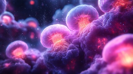 Fantasy inspired microscopic world with luminous floating cells in deep saturated neon colors