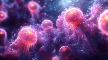 Fantasy inspired microscopic world with luminous floating cells in deep saturated neon colors