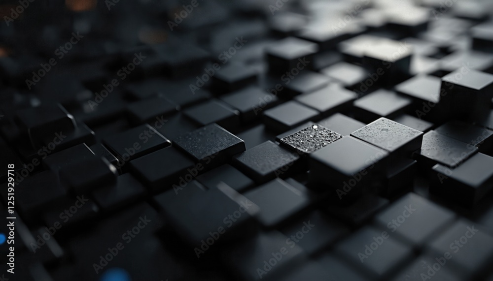 Poster black three-dimensional blocks with one side in dark shade, in bright light on tech background. abst