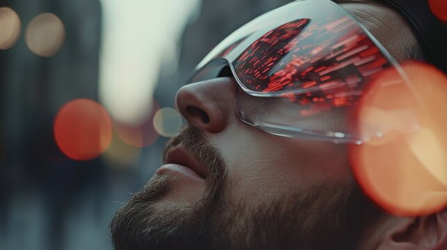 A person immersed in a virtual reality experience is shown in profile, enveloped by vibrant lights and digital effects