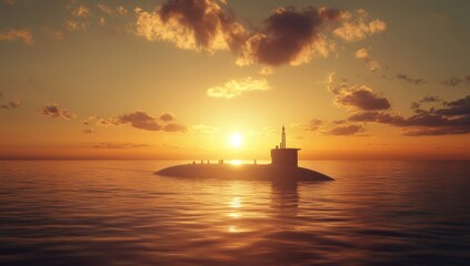 Submarine Sunset Silhouette: A Naval Vessel at Golden Hour
