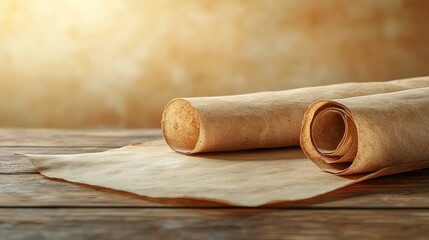 Ancient scrolls on wooden table, sunlit background, history concept