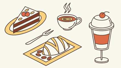 Delicious Desserts and Beverages Illustration Featuring Cake, Coffee, Pastry, and Drink