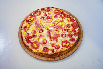 Traditional Turkish cuisine. Pizza, pita, pidesi, sucuk, hummus, kebab. Many dishes on the table. Serving dishes in restaurant. Mix, formaggi, veggie pizza. Top view, flat lay