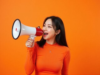 trendy Asian woman with black medium hair, wearing a tight orange top, holding a megaphone with a joyful expression in a clean white studio