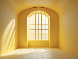 Obraz premium Sunlight casting shadows in a yellow minimal room with arch and window