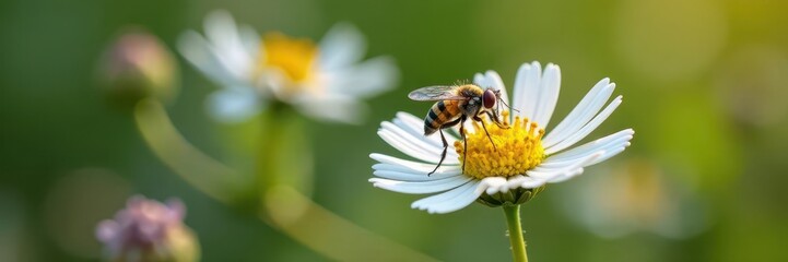 Small white tachinid fly on Symphyotrichum aster flower, insects on flowers, entomology