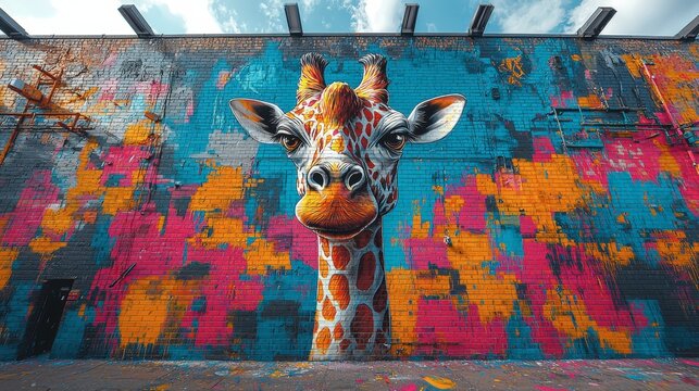 A Vibrant Mural of a Giraffe Against a Colorful Abstract Background