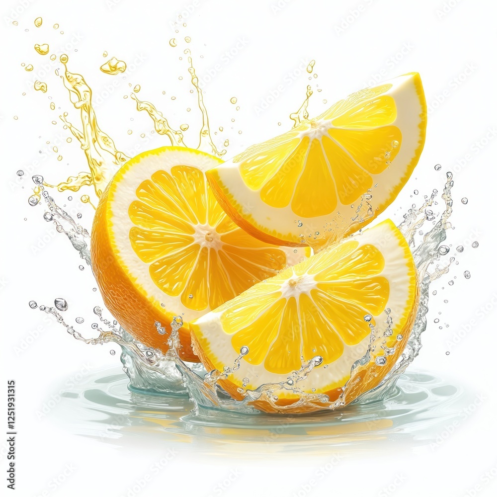 Aufkleber illustration of three lemon slices with splashing juice drops on white background. refreshing summer