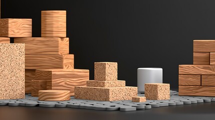 Fototapeta premium A collection of wooden blocks in various shapes and sizes arranged on a dark surface