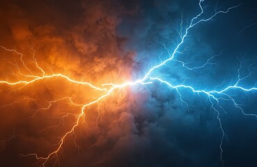 Striking contrast of hot orange and cold blue electrical lightning bolts on night sky. Dynamic background featuring visually captivating energetic scene. Electricity bolts light up storm clouds.